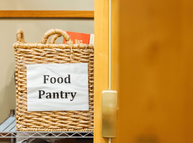 A basket labeled "Food Pantry"