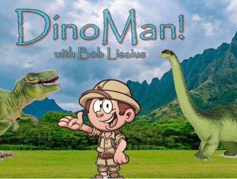 Cartoon explorer with dinosaurs