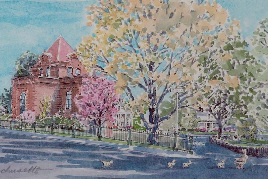 Painting of museum building and trees along a road.